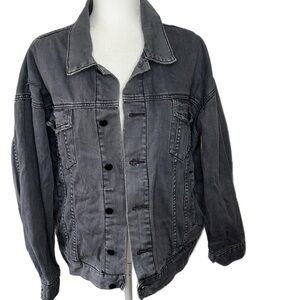 Free People  Denim Trucker Jacket Biker Y2K Button Gray Charcoal Coat M/L